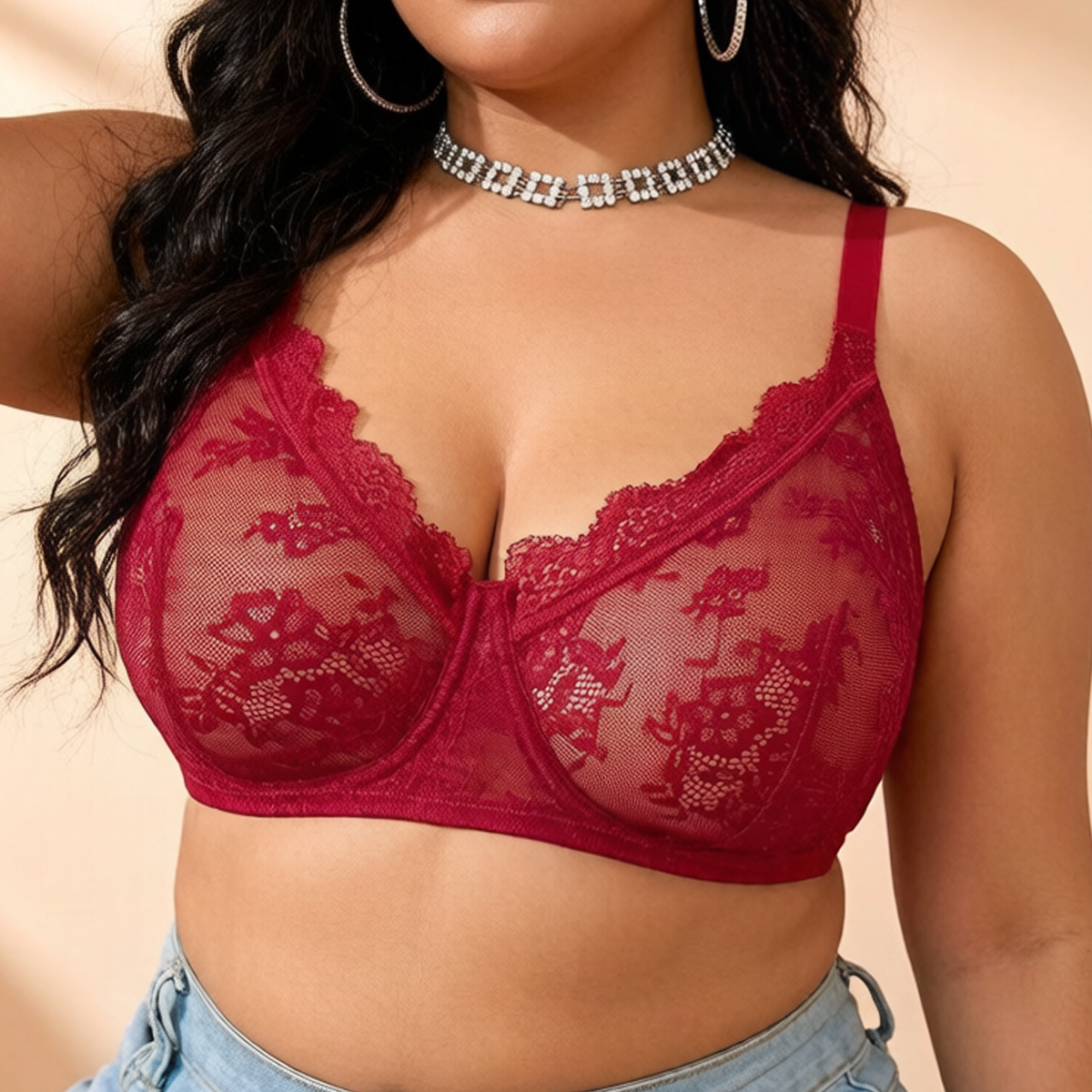 Women Plus Size Red Lace Sheer - Sheer Bra Lace incelemesi ve fiyatı