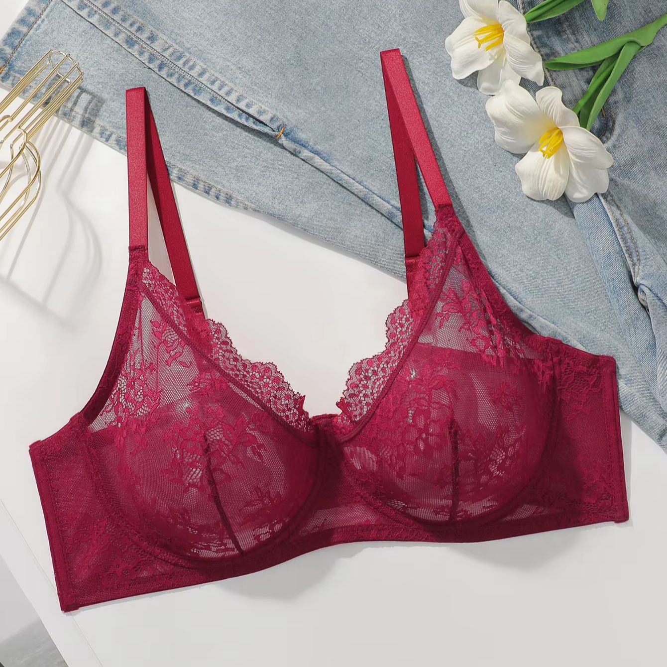 Women Plus Size Red Lace Sheer - Sheer Bra Lace incelemesi ve fiyatı